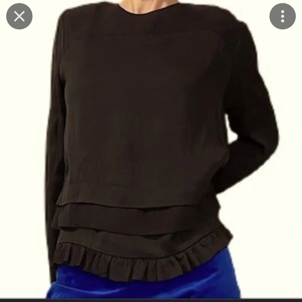 Kate Spade Blouse Long Sleeve Crepe Fabric Top Ruffle Hem Zip Back Black Sz XXS